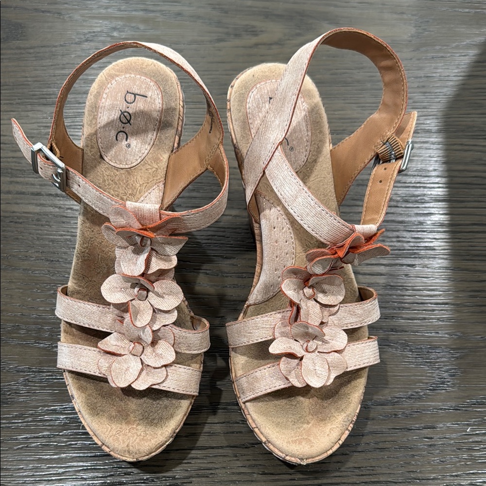 b.o.c. Tan Sandal Wedges with Floral Embellishments